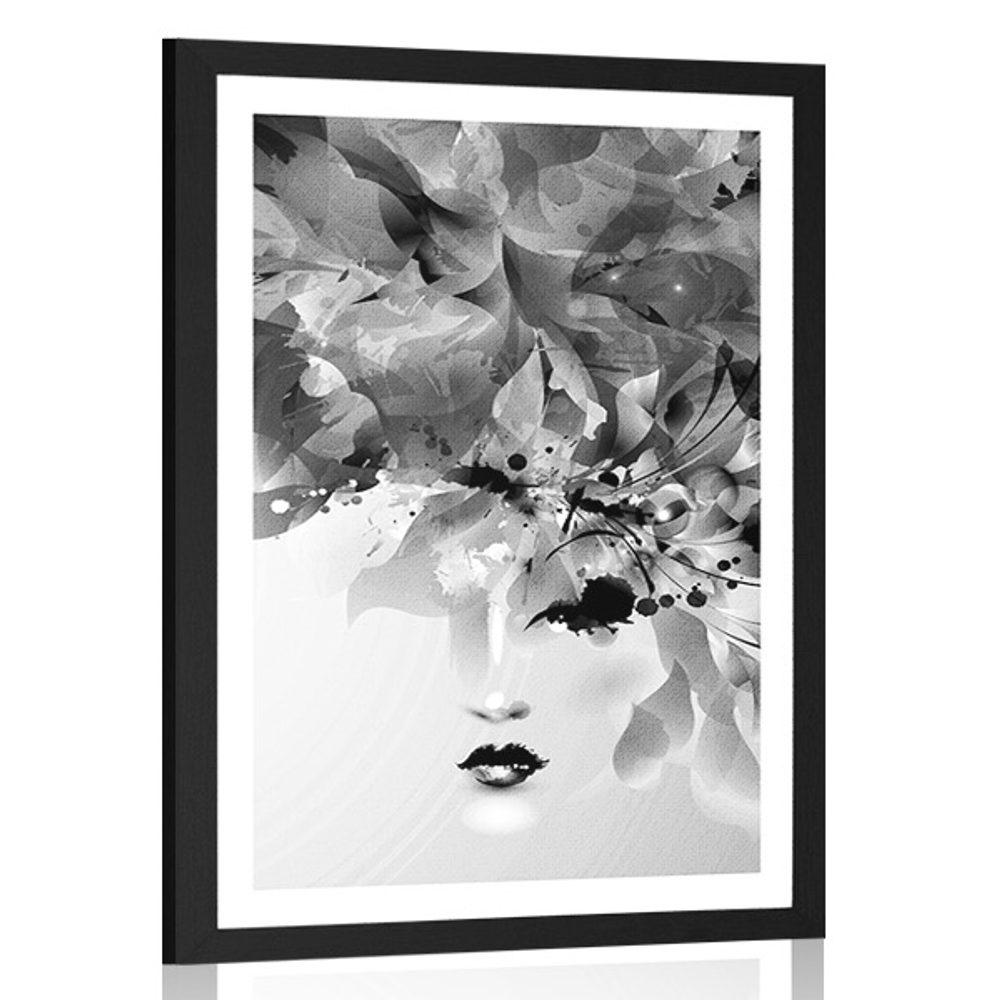Plakát s paspartou módní ženská tvář s abstraktními prvky v černobílém provedení