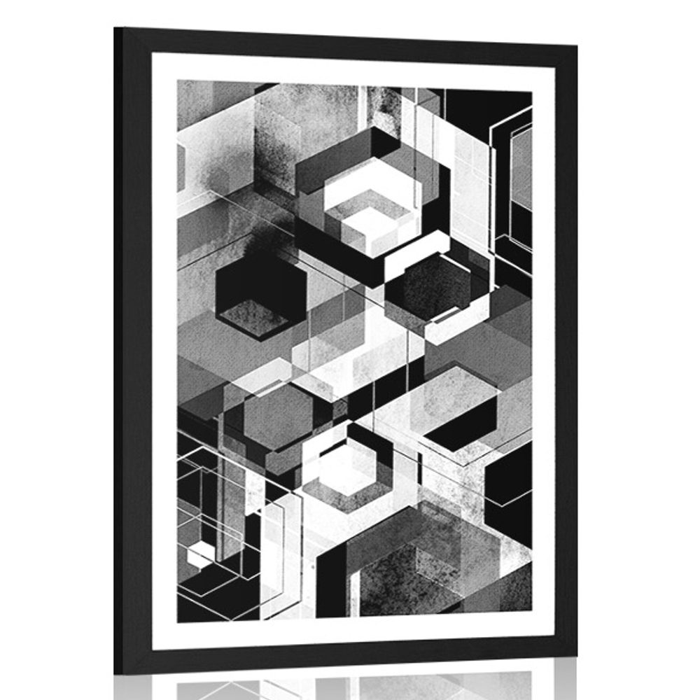 Plakát s paspartou abstraktní geometrie v černobílém provedení