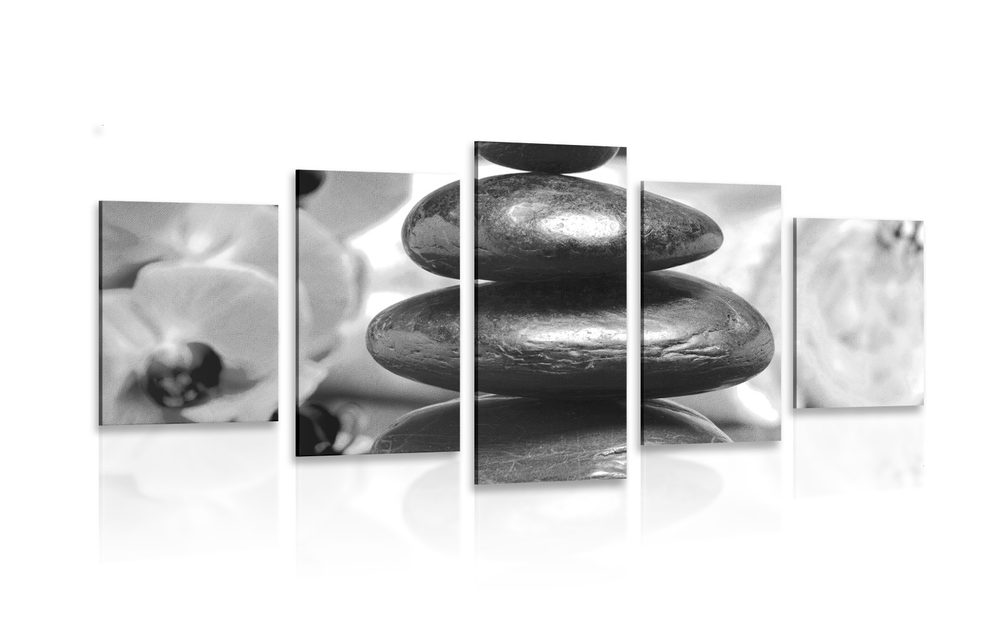 5-dílný obraz Zen relaxační kameny v černobílém provedení