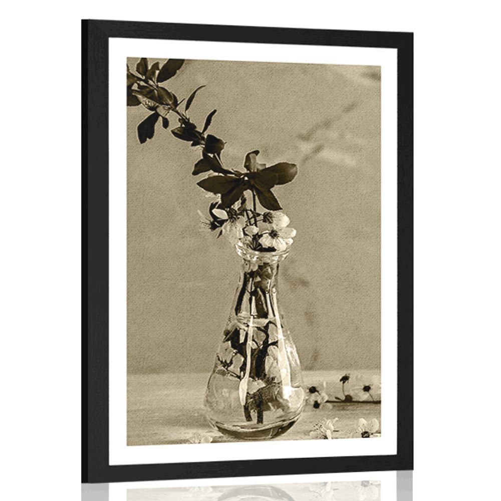 Plakát s paspartou větvička třešně ve váze v sépiovém provedení