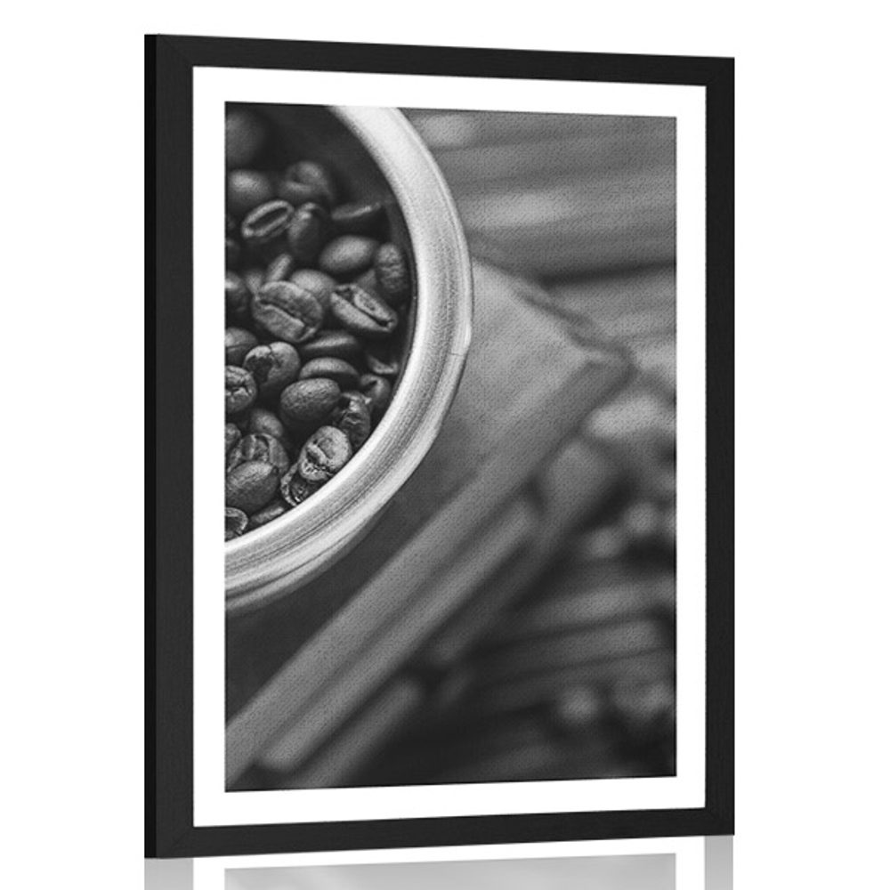 Plakát s paspartou vintage mlýnek na kávu v černobílém provedení