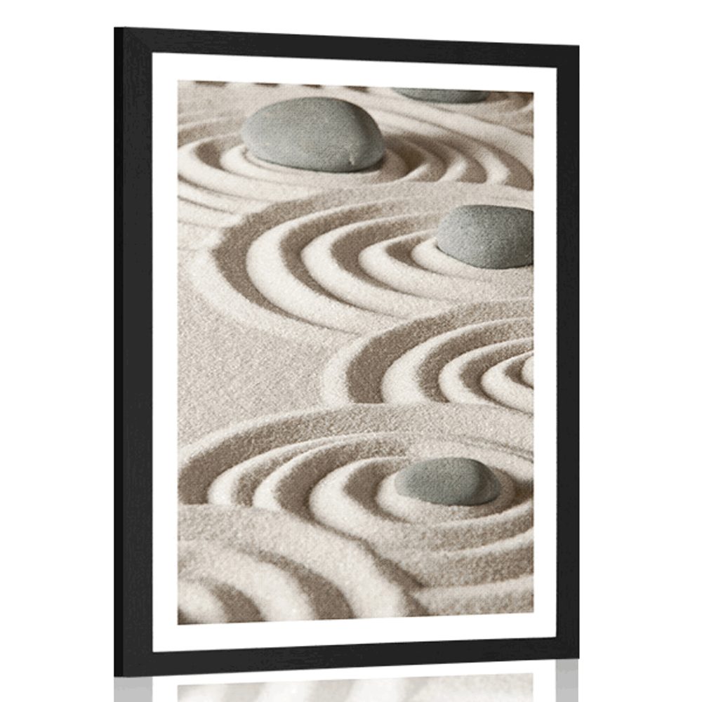 Plakát s paspartou Zen kameny v písčitých kruzích