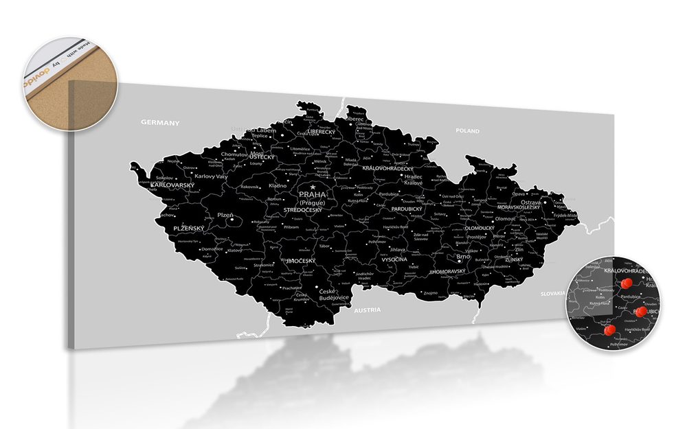 Obraz na korku moderná čierno-šedá mapa Česka