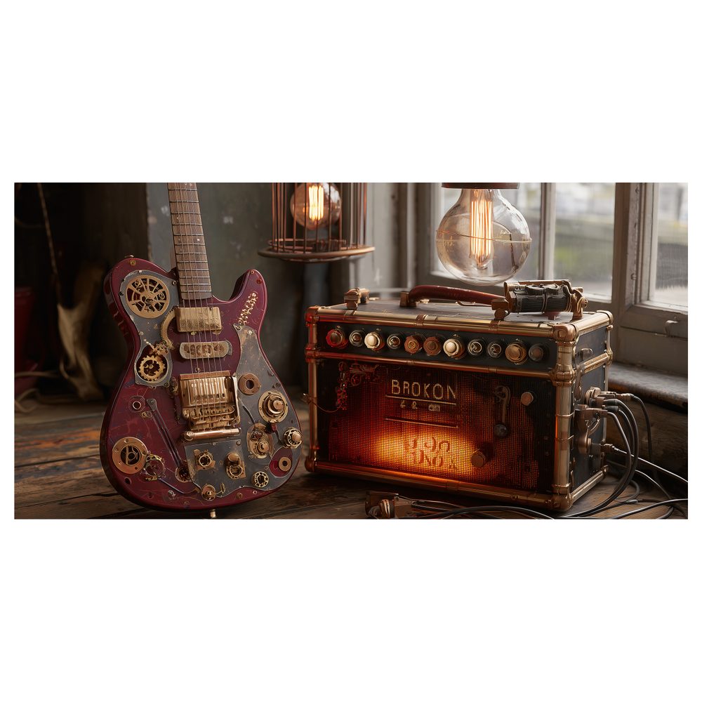 Obraz vintage gitara so zosilňovačom