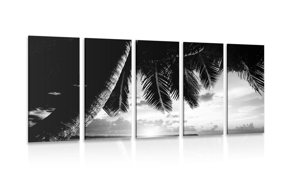 5-dielny obraz východ slnka na karibskej pláži v čiernobielom prevedení - 100x50