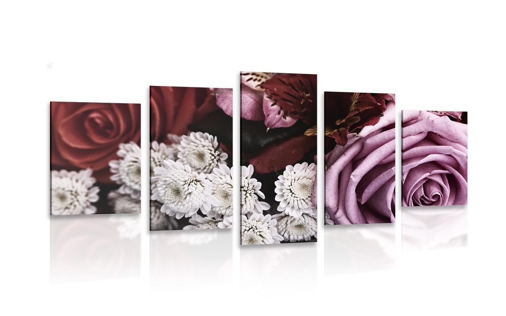 5-dielny obraz kytica ruží v retro štýle