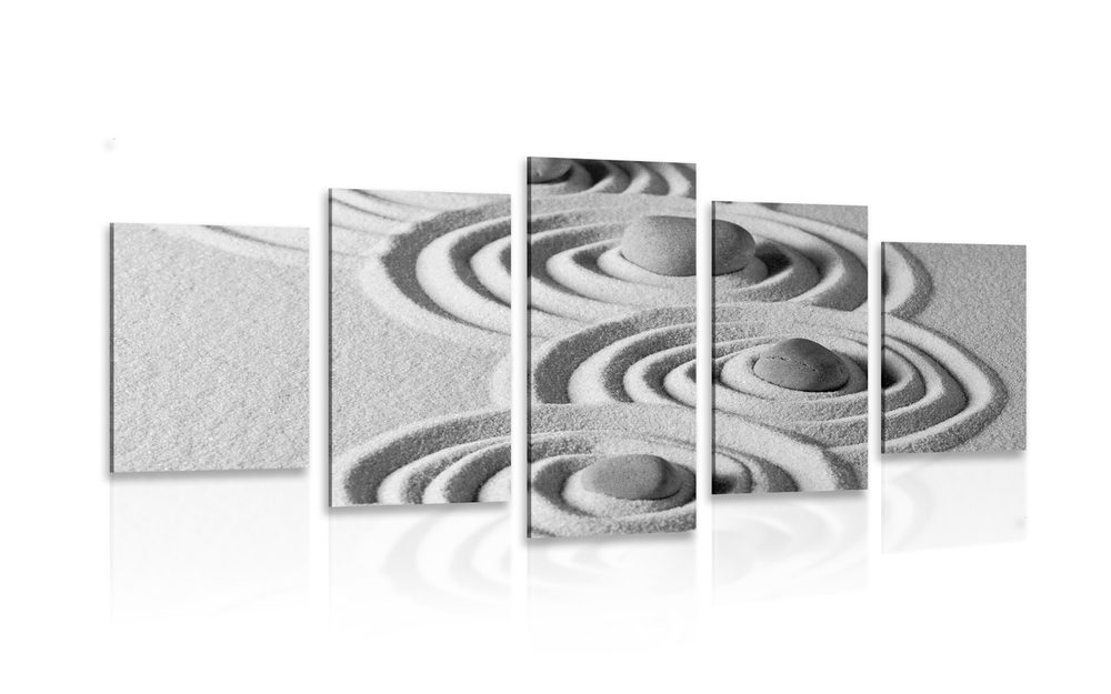 5-dielny obraz Zen kamene v piesku v čiernobielom prevedení