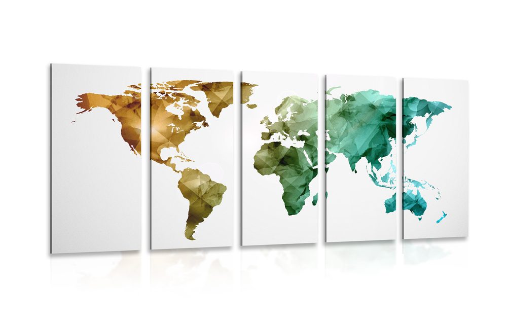 5-dílný obraz barevná polygonální mapa světa