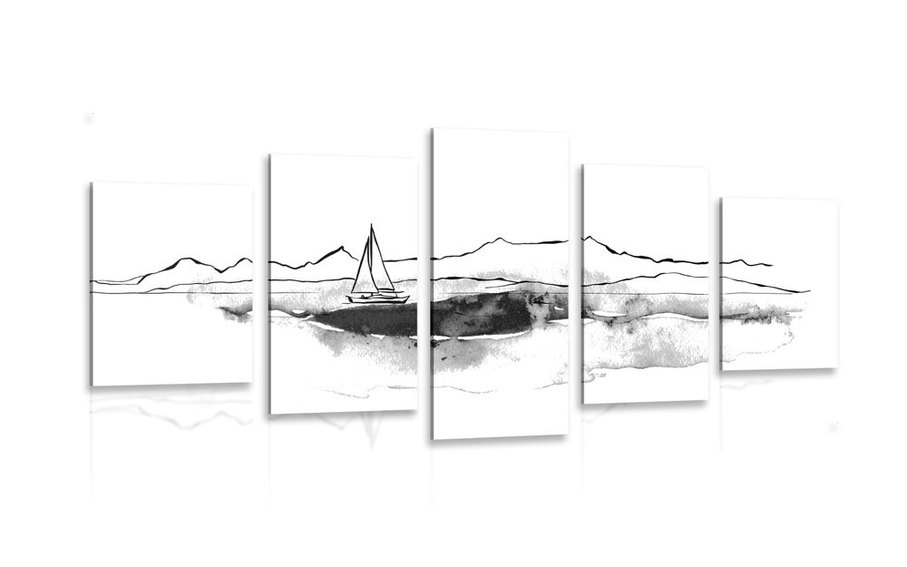 5-dielny obraz jachta na mori v čiernobielom prevedení