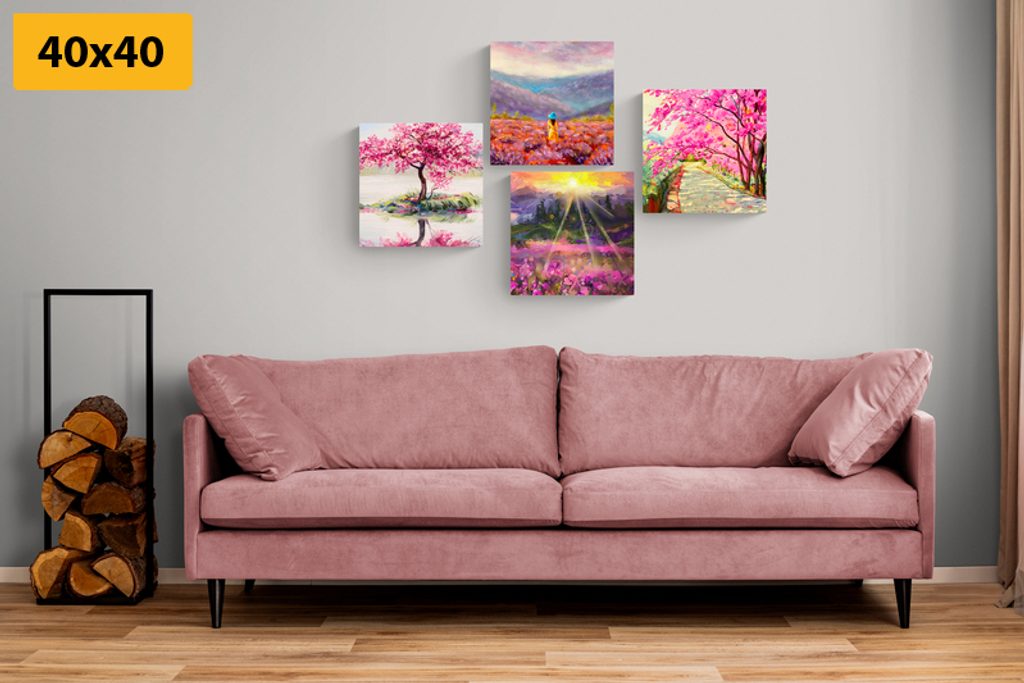 Set obrazov nádherná imitácia olejomaľby v ružovej farbe | Dovido.sk