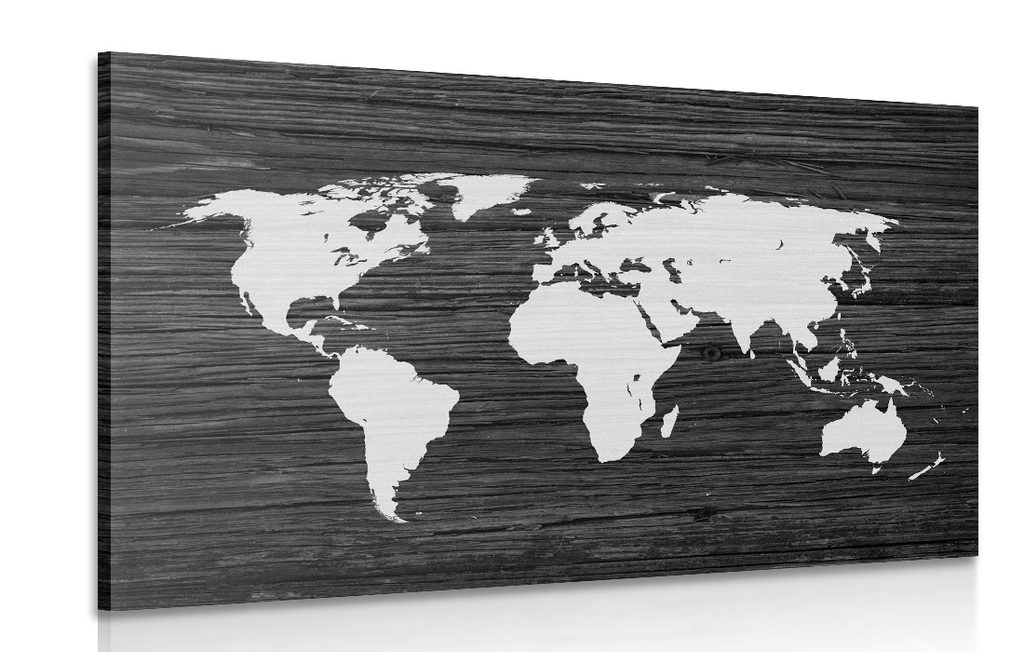 Quadro mappamondo su legno in bianco e nero