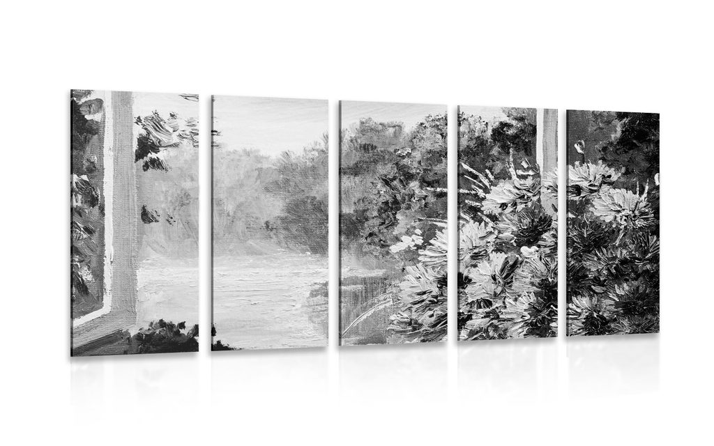 Tablou 5-piese buchetul de primăvară lângă fereastră în design alb-negru |  Dovido.ro