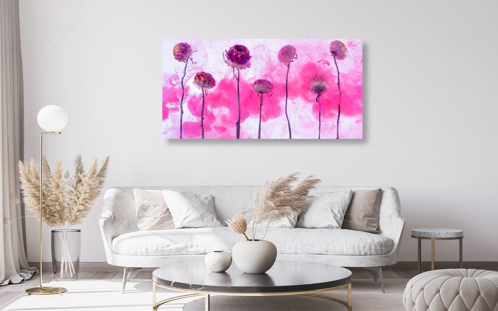 Wandbild Blumen mit rosa Nebel