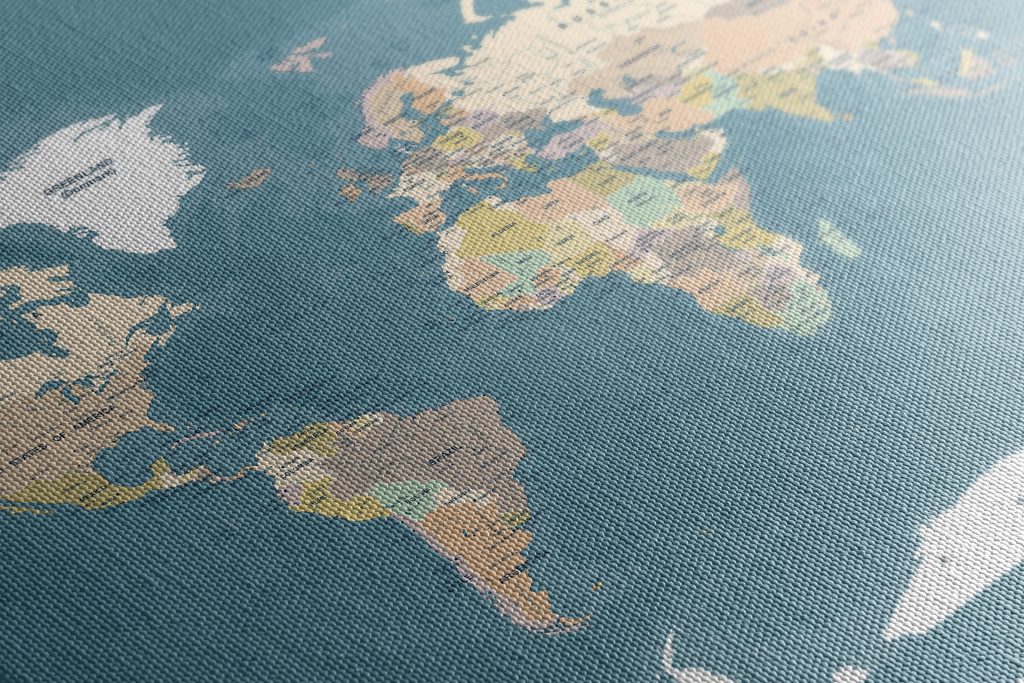 Stampa Su Tela Vintage Mappa Del Mondo – Quadro Decorativo 60x50 Cm Con Cornice In Legno, Pronto Da Appendere