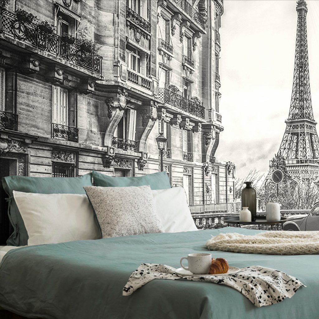 Tapet Turnul Eiffel de pe strada Parisului în alb-negru | Dovido.ro