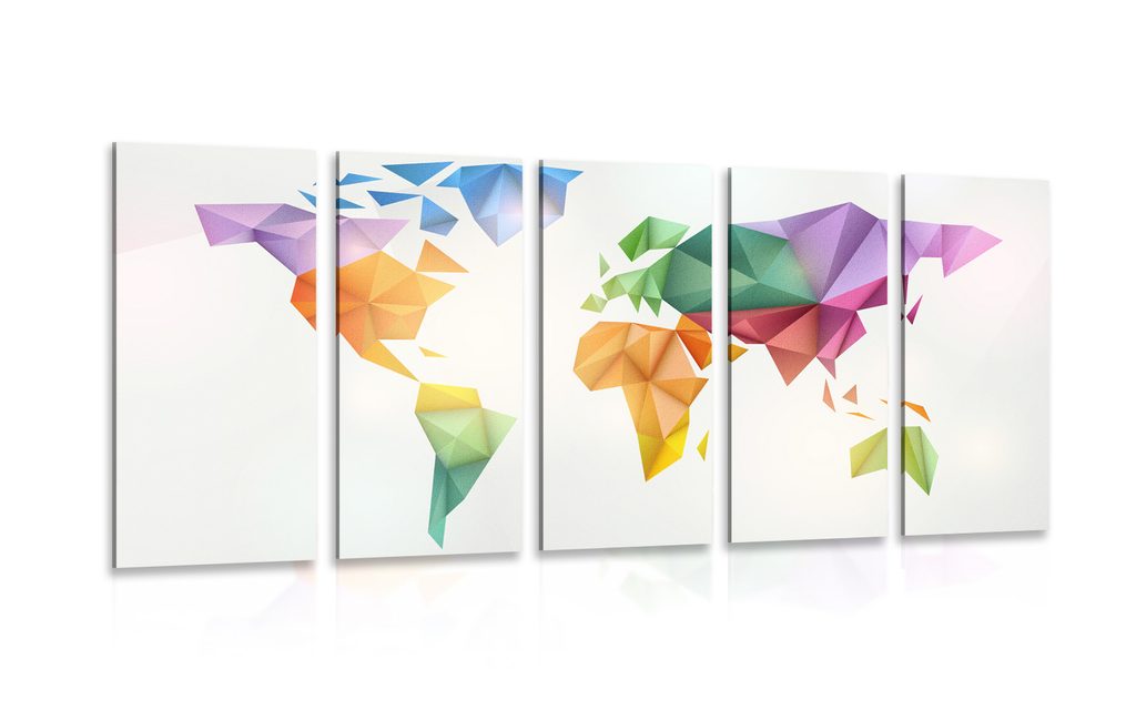 Quadro in 5 parti mappa del mondo colorata in stile origami | Dovido.it