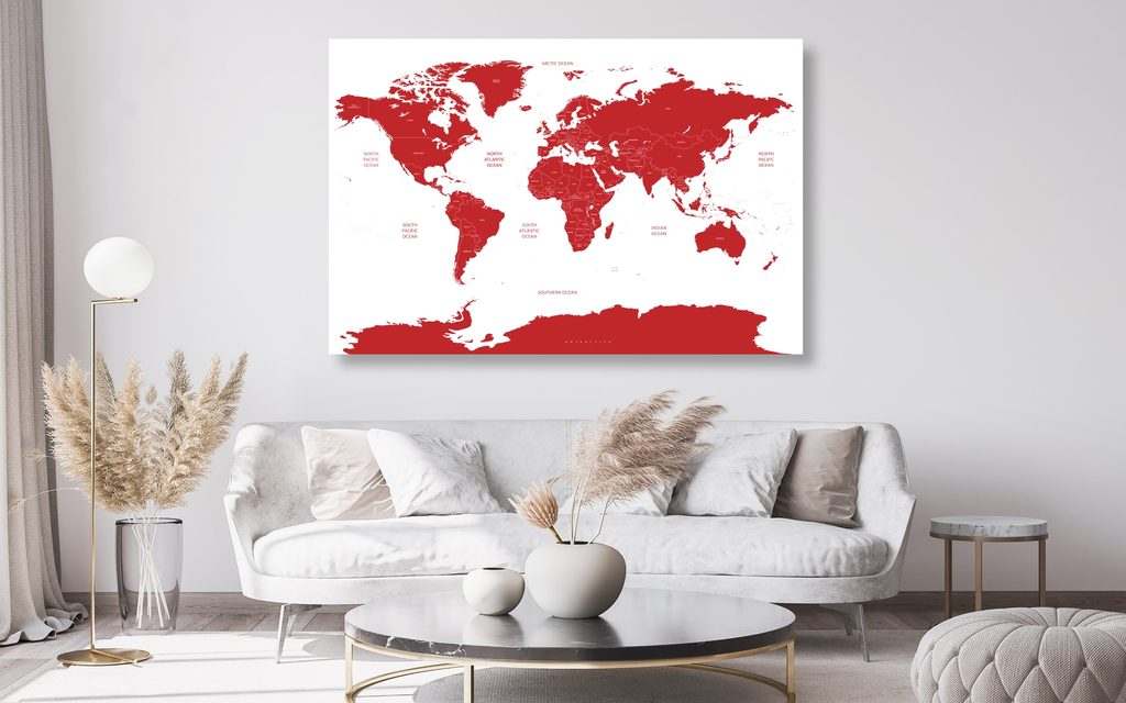 Slika na pluti zemljevid sveta s posameznimi državami v rdeči barvi |  Dovido.si