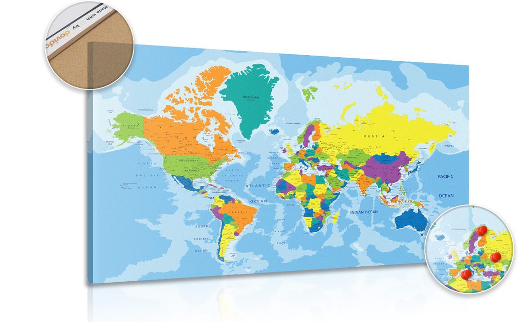 Tablou pe plută harta lumii colorată | Dovido.ro