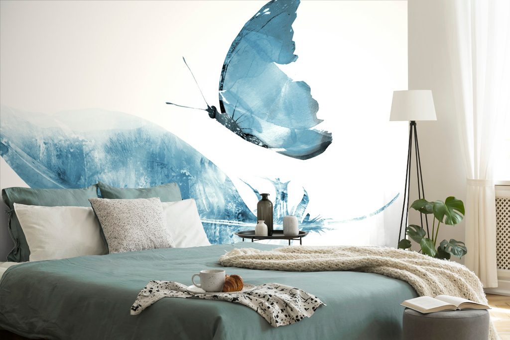 Tapet pană cu un fluture în design albastru | Dovido.ro
