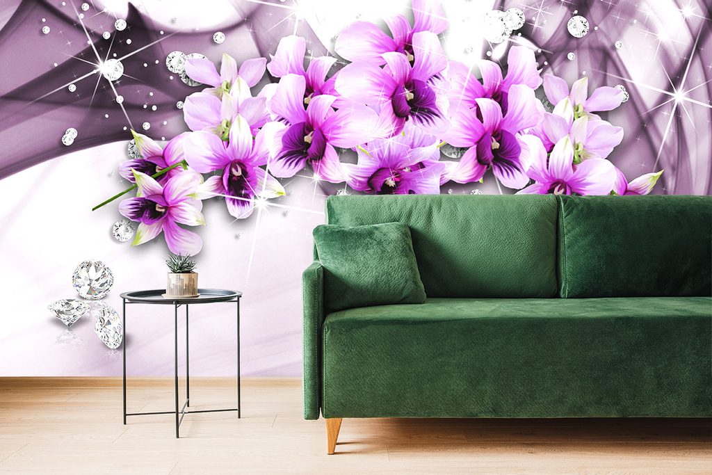 Selbstklebende Tapete Lila Blumen auf abstraktem Hintergrund | Dovido.de