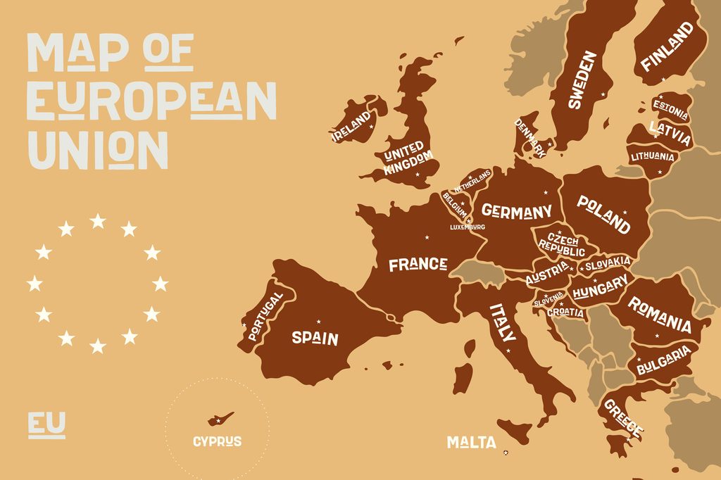 Slika poučni zemljevid z imeni držav Evropske unije v odtenkih rjave |  Dovido.si