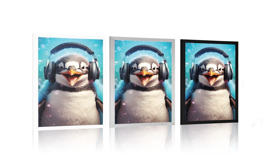Poster Pinguin mit Kopfhörern
