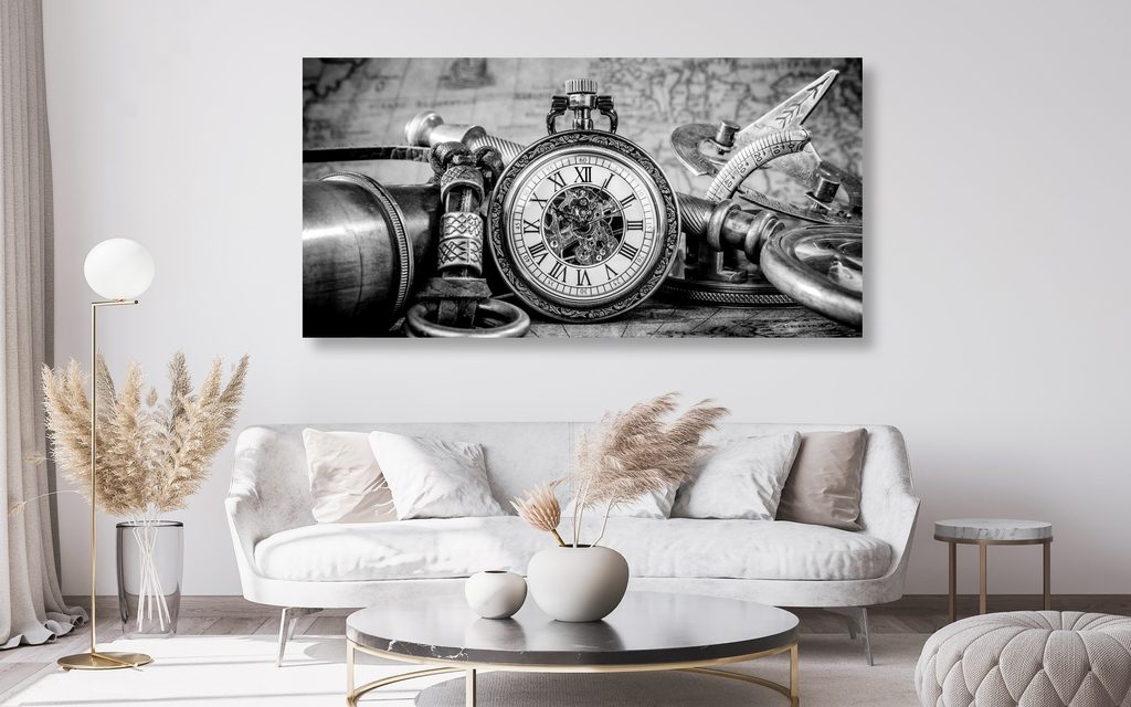 Wandbild Uhr aus der Vergangenheit in Schwarz-Weiß