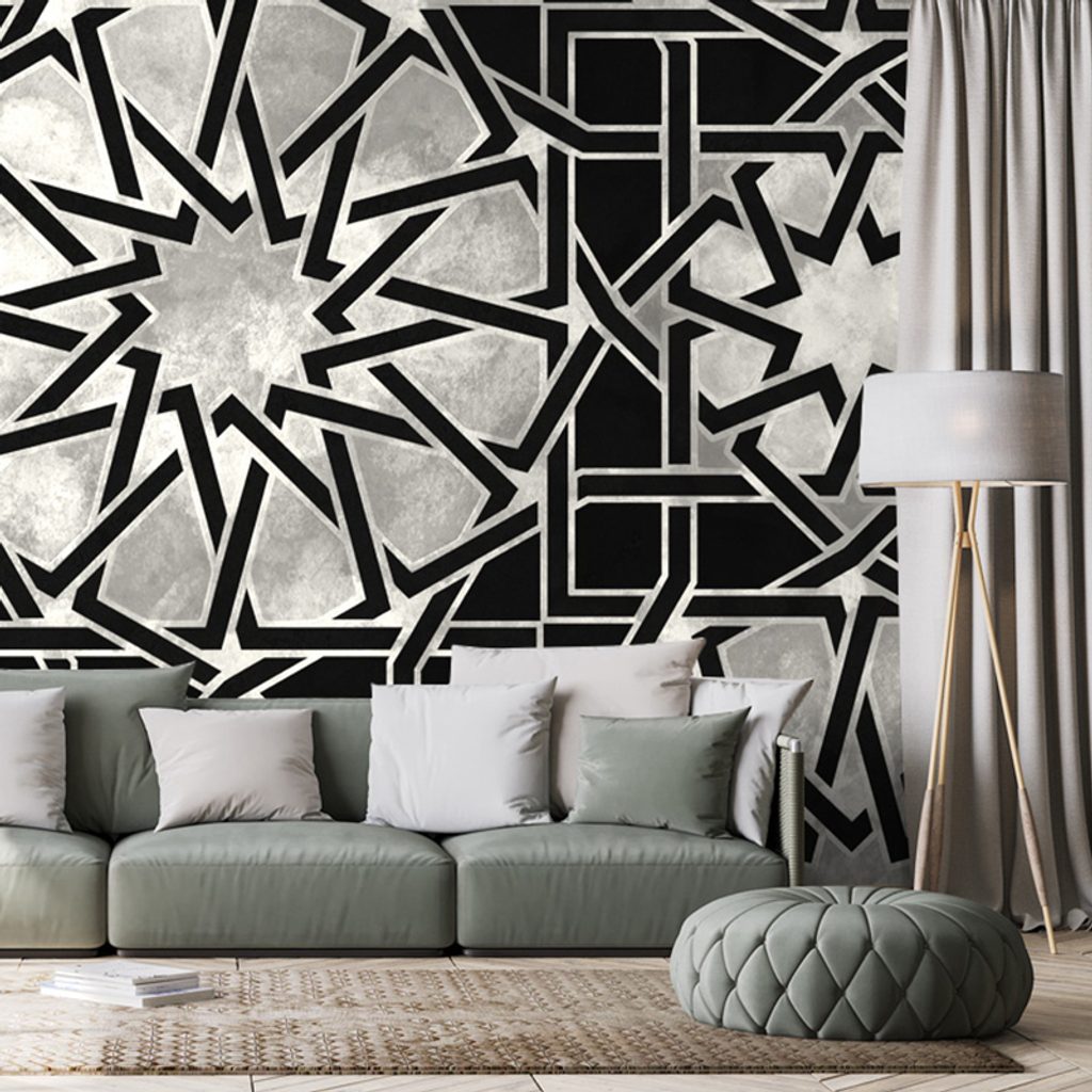 Tapet mozaic oriental în alb-negru | Dovido.ro