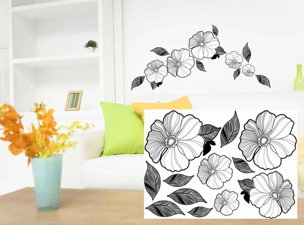 Διακοσμητικά αυτοκόλλητα τοίχου κομψά ασπρόμαυρα λουλούδια | Dovido.gr