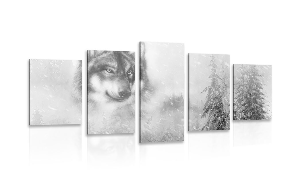 Tablou 5-piese lupul într-un peisaj înzăpezit în design alb-negru |  Dovido.ro