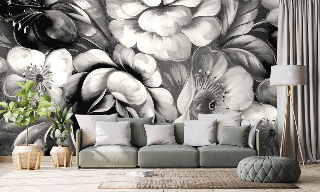 Tapet flori în design alb-negru | Dovido.ro