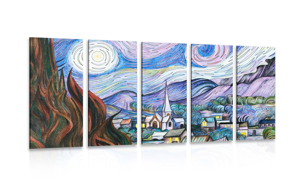 Quadro in 5 parti riproduzione della Notte Stellata - Vincent Van Gogh