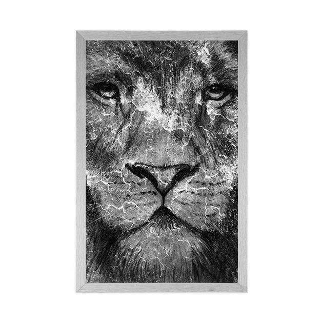 Poster Gesicht eines Löwen in Schwarz-Weiß