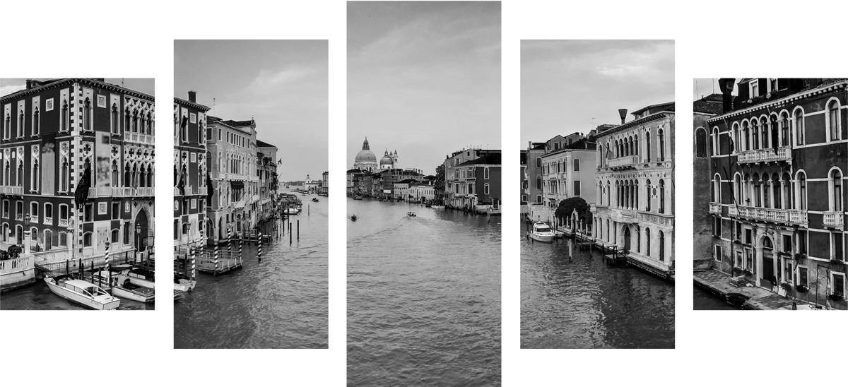 Quadro in 5 parti canale di Venezia in bianco e nero