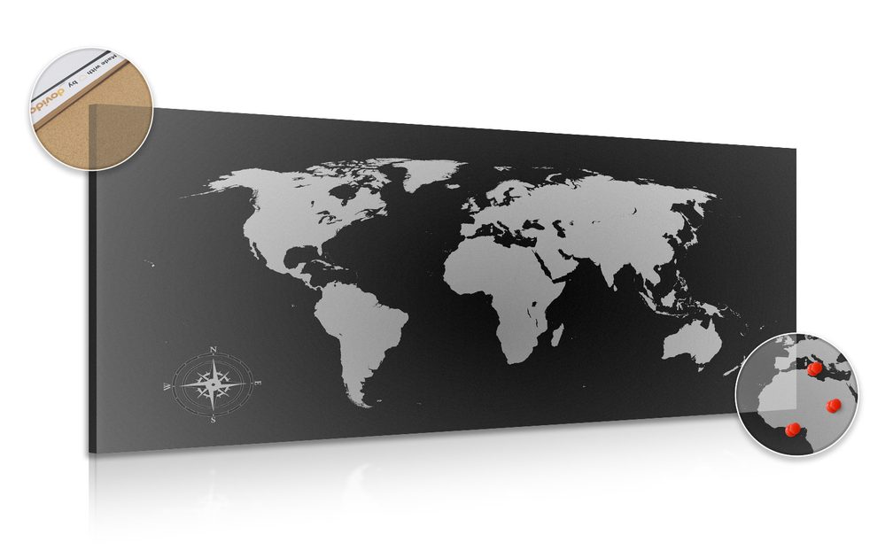 Wandbild auf Kork Weltkarte in Grautönen | Dovido.de
