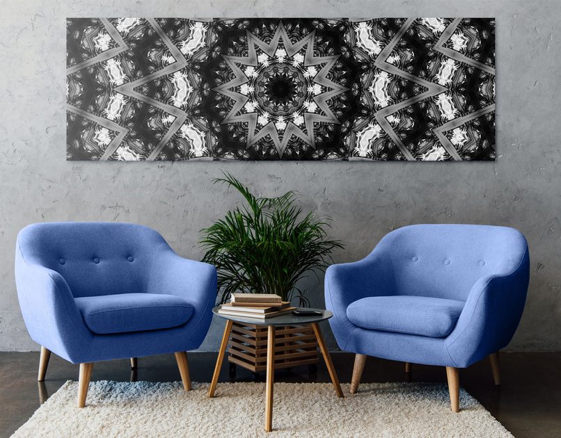 Slika crnobijela Mandala sa zanimljivim elementima u