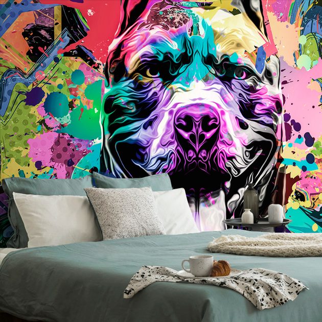 Αυτοκόλλητη ταπετσαρία πολύχρωμη απεικόνιση ενός σκύλου | Dovido.gr