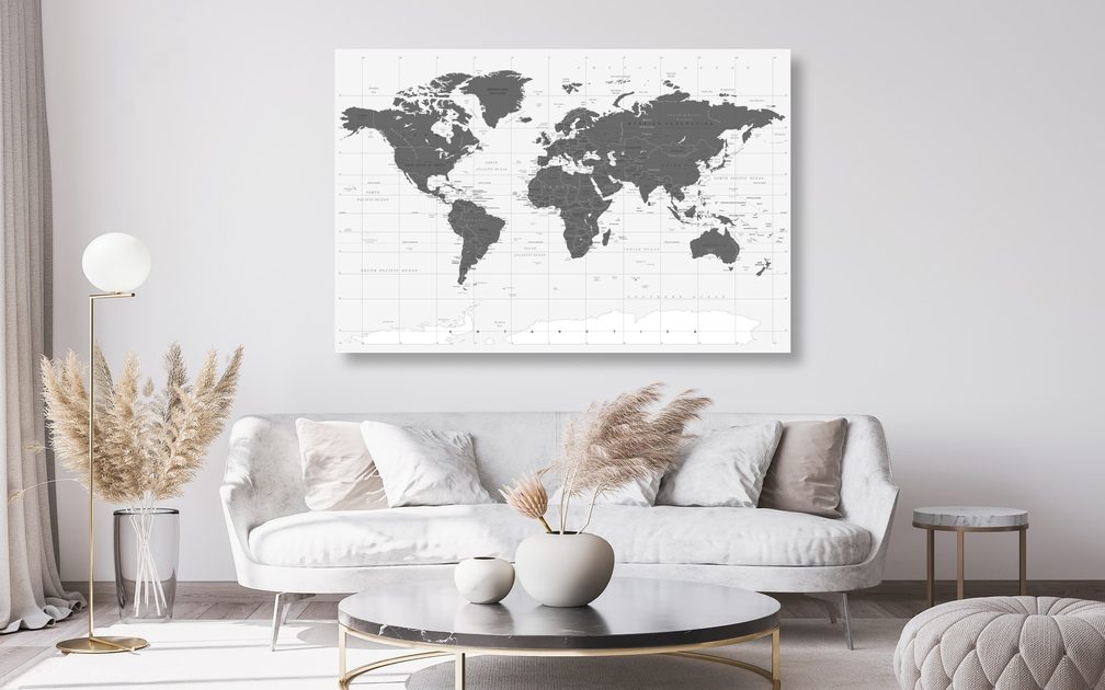 Quadro su sughero di una mappa politica del mondo in bianco e nero