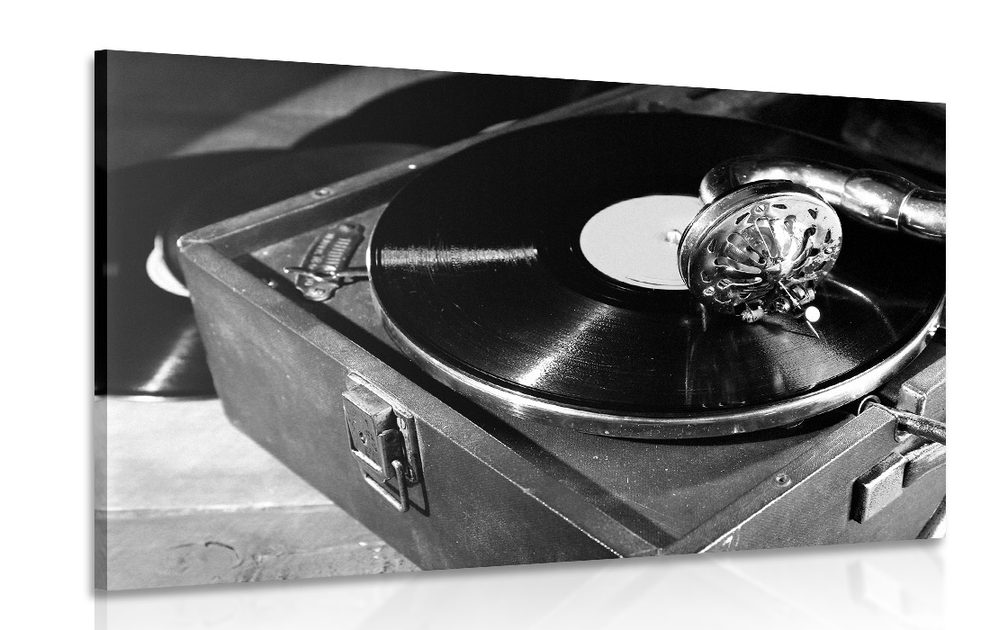 Slika gramofon z vinilno ploščo v črnobeli izvedbi | Dovido.si