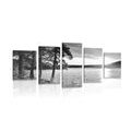 5-PIECE CANVAS PRINT SUNSET OVER THE LAKE IN BLACK AND WHITE - BLACK AND WHITE PICTURES - PICTURES
