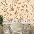 ZELFKLEVEND FOTOBEHANG VINTAGE BLOEMEN MET VOGELTJES EN VOGELHUISJES - FOTOBEHANG VOGELS - FOTOBEHANG