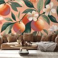 SELBSTKLEBENDE TAPETE ORANGEN UND BLUMEN AUF APRIKOSENFARBENEM HINTERGRUND - TAPETEN MIT ESSEN UND GETRÄNKEN - TAPETEN