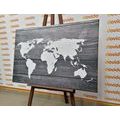 DECORATIVE PINBOARD BLACK AND WHITE WORLD MAP WITH A WOODEN BACKGROUND - PICTURES ON CORK - PICTURES