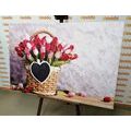 CANVAS PRINT RED TULIPS IN A WOODEN BASKET - PICTURES FLOWERS - PICTURES