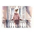 SLIKA DJEVOJKA U RUŽIČASTOM DŽEMPERU NA BALKONU - SLIKE ŽENY - SLIKE