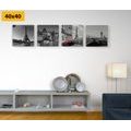 CANVAS PRINT SET PARIS WITH A RETRO RED CAR - SET OF PICTURES - PICTURES