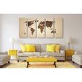 5-PIECE CANVAS PRINT WORLD MAP IN SHADES OF BROWN - PICTURES OF MAPS - PICTURES