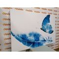 CANVAS PRINT FEATHER WITH A BUTTERFLY IN BLUE DESIGN - STILL LIFE PICTURES - PICTURES