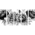 5-PIECE CANVAS PRINT CHARMING COMBINATION OF FLOWERS AND LEAVES IN BLACK AND WHITE - BLACK AND WHITE PICTURES{% if product.category.pathNames[0] != product.category.name %} - PICTURES{% endif %}