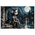 QUADRO SU TELA – RAGAZZA GOTICA CON GATTO NERO - QUADRI HALLOWEEN E HORROR - STAMPE E QUADRI